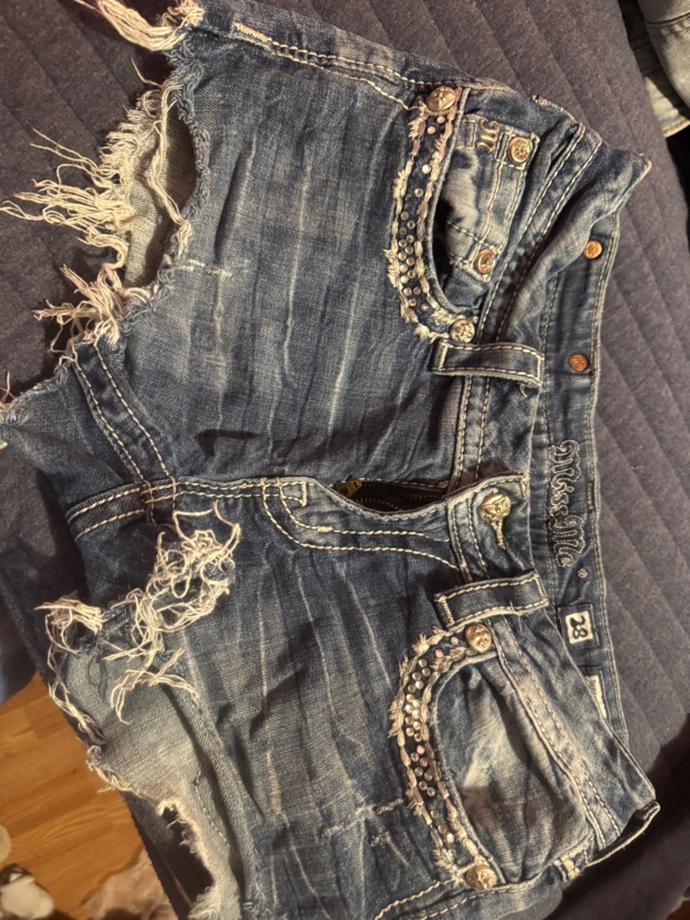 Miss Me Distressed Blue Denim Shorts with Embellished Pockets